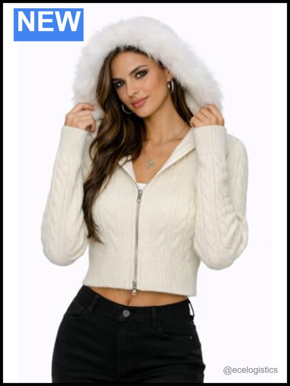 QVA Women's Cropped Fleece Hooded Jacket with Faux Fur Hood, Full Zip
